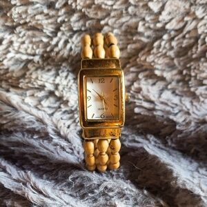 AVON 90s Vintage Gold & Tan Watch with Triple Wood Barrel Beads